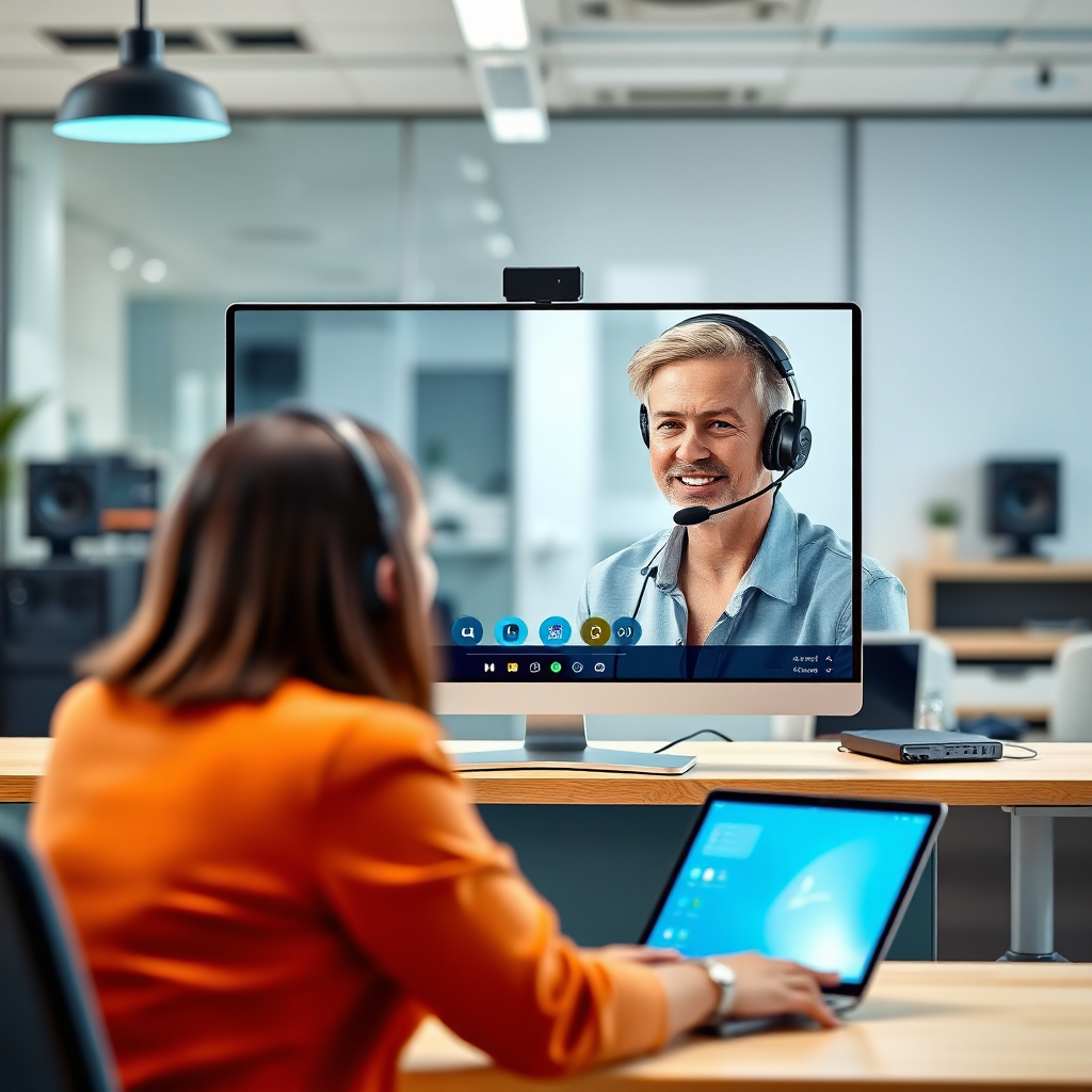 Visualize a technical support specialist providing remote assistance to a client through a video call. The specialist should be knowledgeable and helpful, addressing the client's concerns and resolving any technical issues. The background should be a clean and modern office environment with support equipment in the background. The color palette should be dominated by neutral tones, with accents of blue to represent communication and support.