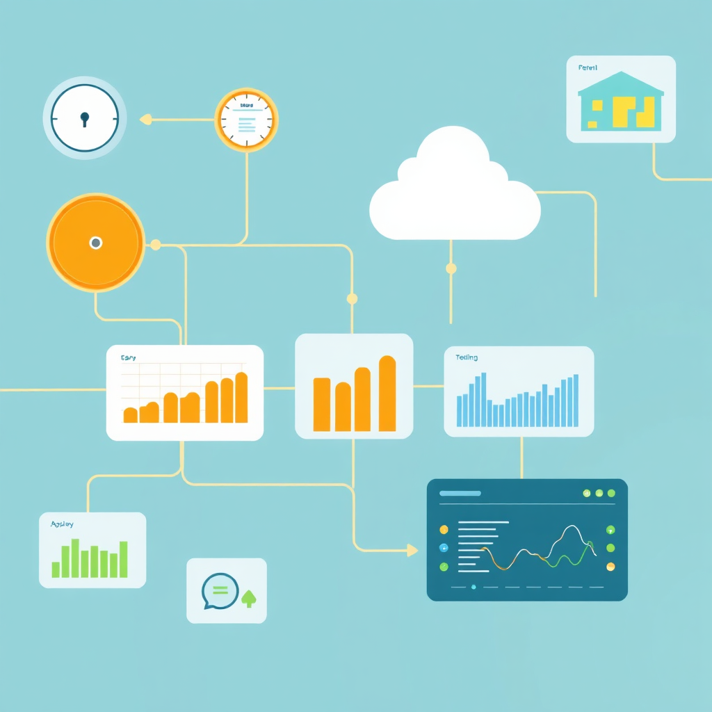 Visualize a unified interface connecting various energy management systems, including metering points, smart grids, and building automation systems. Show data flowing seamlessly between these systems, visualized through interactive graphs and charts. The interface should be clean and intuitive. The color palette should be a mix of cool blues, greens, and oranges to represent the various systems and data flows.