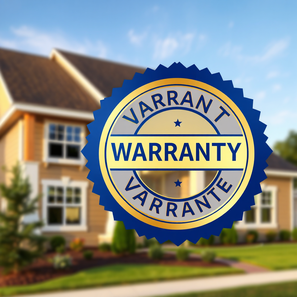 Visualize a warranty certificate or seal superimposed on a high-quality image of a SIP panel home. The certificate should look professional and trustworthy. The background should be slightly blurred to emphasize the warranty. The color palette should be blue and gold to convey trust and quality. Photorealistic rendering with emphasis on the details of the certificate and the home.