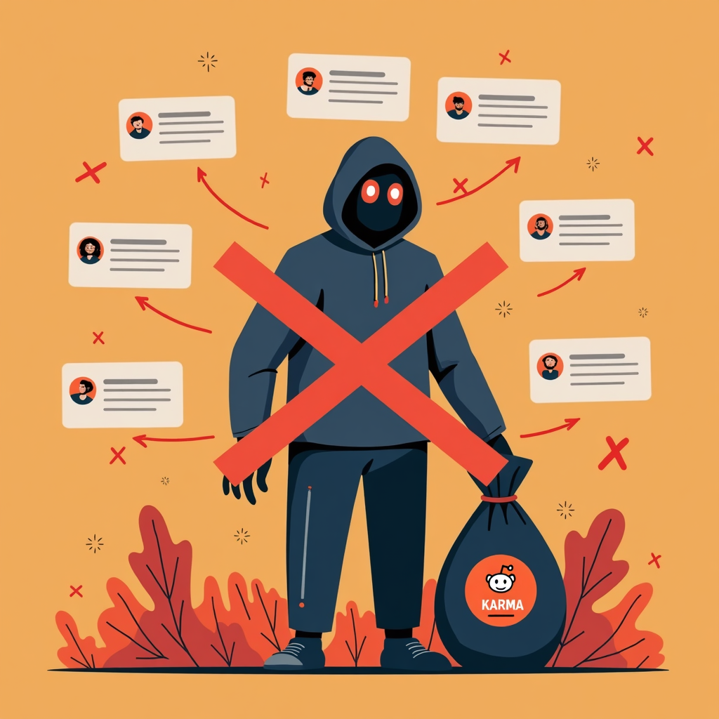 A photorealistic image of a laptop displaying a Reddit profile being audited. Various charts and graphs highlight areas of strength and weakness. A magnifying glass is hovering over the screen, symbolizing careful analysis.