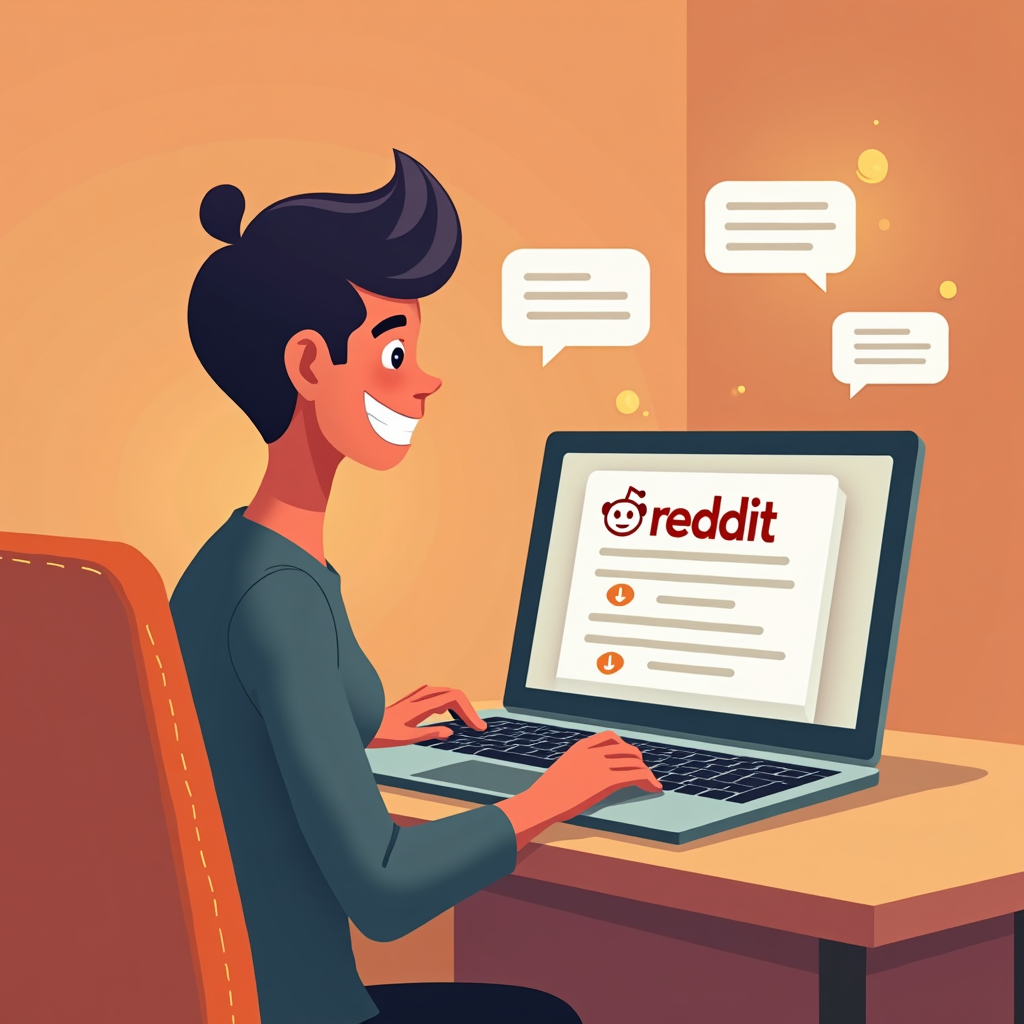 A photorealistic image of a person genuinely engaging in a Reddit thread. The person is smiling and actively typing a thoughtful response. The background shows a vibrant Reddit community with upvotes and positive comments. Use a warm color palette to convey a sense of connection and belonging. The lighting should be soft and natural.