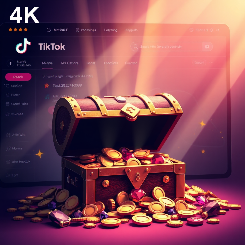 A 4K rendering of a treasure chest overflowing with gold coins and gems, hidden in the shadows of a stylized TikTok interface. The treasure chest symbolizes the untapped profit potential within the platform. Rays of light are shining down on the chest, revealing its contents. The color palette should be rich and luxurious, with golds, reds, and purples dominating the scene. Emphasize the hidden nature of the opportunity and the potential for significant financial gain.