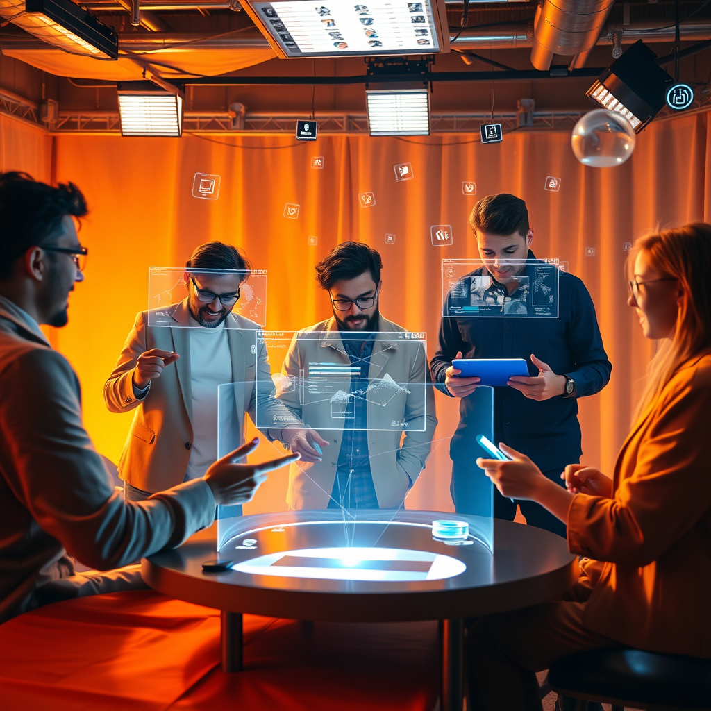 A 4K resolution image showcasing a diverse group of creators collaborating in a virtual video production studio. Each creator is interacting with holographic interfaces, representing different aspects of AI-powered video creation. The studio is bathed in warm, inviting light, with a color palette of oranges, yellows, and blues. The composition is dynamic and collaborative, emphasizing the ease and accessibility of the platform. The camera angle is a medium shot, capturing the energy and enthusiasm of the creators. Subtle textures of fabric, metal, and light create a sense of realism and immersion. The environment includes floating data streams, symbolizing the seamless flow of information and ideas. Style reference: A modern co-working space meets a futuristic video production environment.