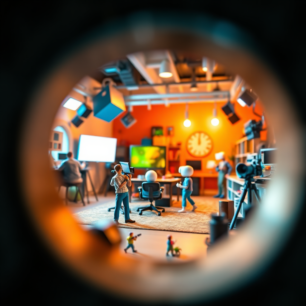 A 4K resolution, stylized image portraying a keyhole view into a vibrant and bustling video creation studio. The foreground depicts a single, focused eye peering through the keyhole, representing the viewer gaining access to exclusive knowledge. Inside the studio, miniature figures are actively engaged in various video production tasks – filming, editing, animating, and strategizing. The lighting is warm and inviting, highlighting the collaborative and creative energy within. The color palette is rich and diverse, reflecting the multifaceted nature of video creation. The camera angle is a close-up, emphasizing the detail and intimacy of the scene. The style should be whimsical and imaginative, conveying a sense of discovery and unlocking hidden potential. The overall composition should be visually appealing and intriguing, drawing the viewer in and piquing their curiosity about 'GhostVid Secrets'.