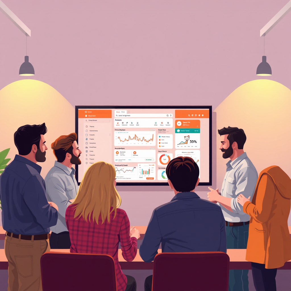 A 4K resolution, stylized image showcasing a group of diverse trucking professionals gathered around a digital screen displaying Reddit threads and analytics dashboards. The setting is a modern, collaborative workspace with warm, inviting lighting. The composition should convey a sense of teamwork and knowledge sharing. The image should be visually clean and optimistic, highlighting the positive impact of Reddit engagement on the trucking industry. Include subtle graphic elements representing upvotes, comments, and conversions. Style reference: Modern flat design with a touch of realism.