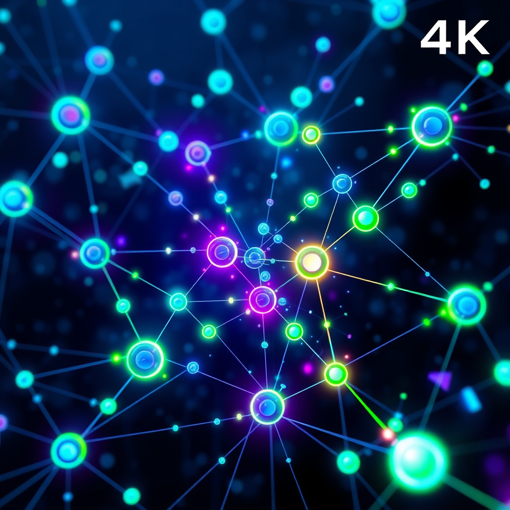 A 4K stylized rendering of complex algorithms visualized as interconnected nodes and pathways within the TikTok interface. The nodes should glow with different colors based on their influence and importance. The background should be a dark, abstract representation of the digital space. The color palette should be vibrant and futuristic, with blues, greens, and purples dominating the scene. Emphasize the interconnectedness and complexity of the algorithm through intricate details and visual effects.
