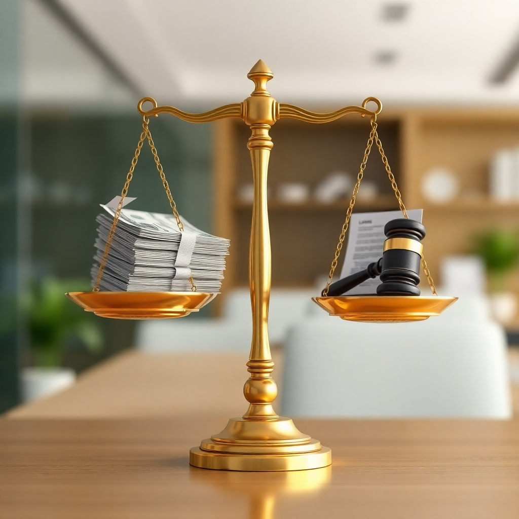 A balanced scale with a stack of money on one side and a legal document on the other. The scale is perfectly balanced, representing ethical and legal compliance. The background is a clean, professional office environment. Use a color palette of gold, green, and white to represent wealth, security, and integrity. The lighting should be soft and even, emphasizing the balance. Camera angle: close-up view, focusing on the scale. Technical specs: 4K resolution, high-quality rendering.