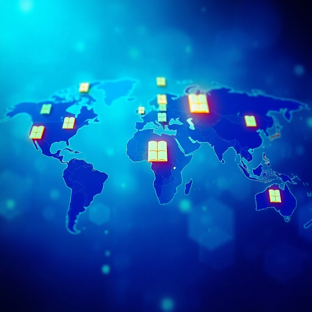 A captivating image of a world map overlayed with digital book icons and connection lines, symbolizing global reach. The colors are vibrant, with blues and greens dominating the scene, evoking a sense of exploration. Bright, focused lighting highlights the map's details. The camera angle creates depth, making the viewer feel immersed in the global ebook market. Technical specs: 4K resolution.