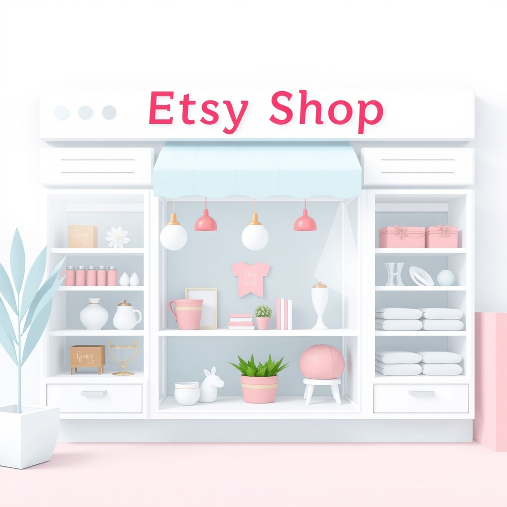 A clean, modern graphic illustrating the Etsy shop interface. The focus is on showcasing a well-designed shop layout, with clear product categories and an inviting banner. The color palette should be bright and welcoming, using shades of white, pastel blue, and soft pink. The camera angle should be a direct, eye-level view of the shop. 4K resolution, high quality.