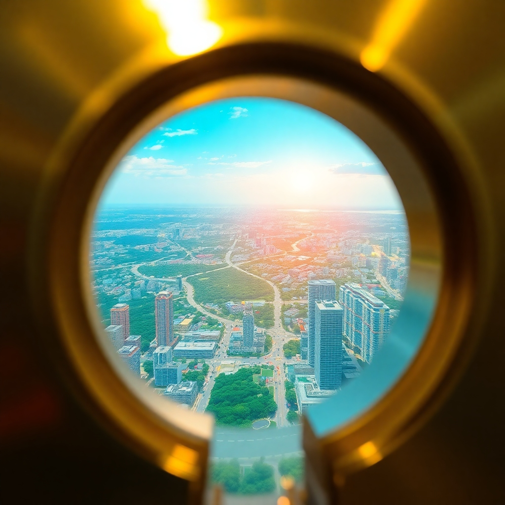 A close-up, photorealistic image of a keyhole revealing a bright, expansive landscape. The keyhole is intricate and detailed, made of polished metal. The landscape visible through the keyhole is a vibrant, flourishing digital cityscape. Use a color palette of gold, silver, and vibrant greens to emphasize the sense of discovery and hidden opportunity. The lighting should be dramatic, highlighting the keyhole and the landscape beyond. Camera angle: macro shot, focusing on the details of the keyhole. Technical specs: 4K resolution, high-quality rendering.