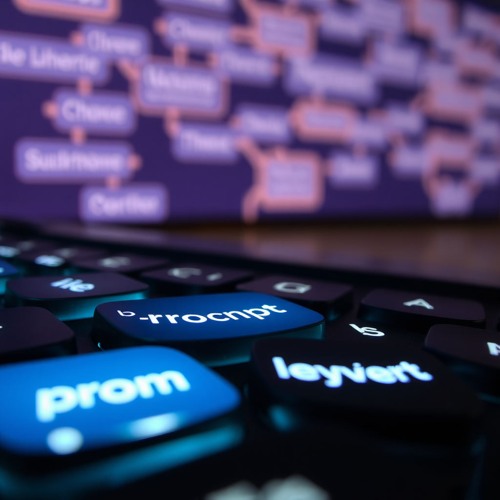 A close-up shot of a keyboard with glowing keys highlighting specific prompt keywords. The background is a softly blurred image of a brainstorming session. Focus on visual elements indicating creativity and precision.