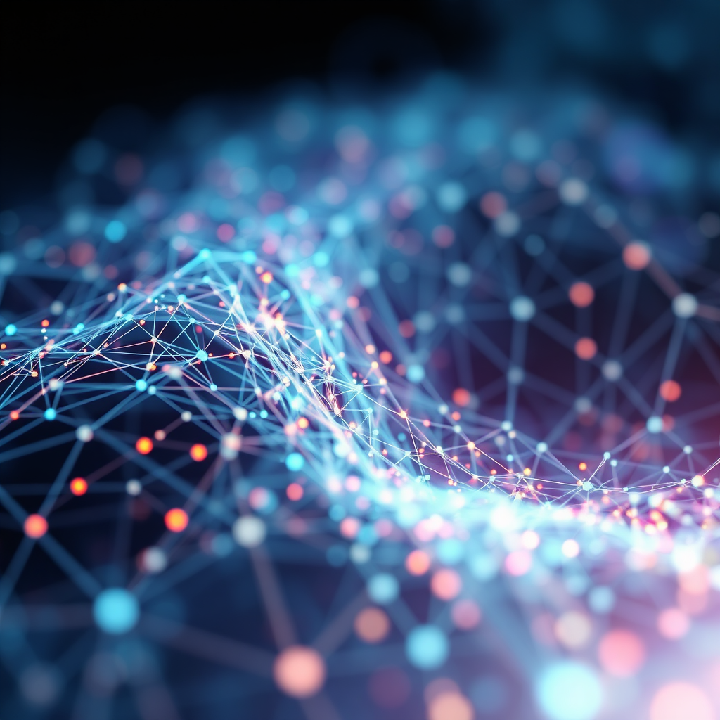 A close-up shot of an AI algorithm generating a complex and beautiful artwork. The algorithm is visualized as a network of interconnected nodes and lines, pulsating with energy and creativity. The scene is abstract and visually stunning, representing the power of AI to create art. Style: Abstract, futuristic. Lighting: Soft, diffused lighting with vibrant accents to highlight the algorithm. Colors: A harmonious blend of blues, greens, and purples. 4K, stylized.