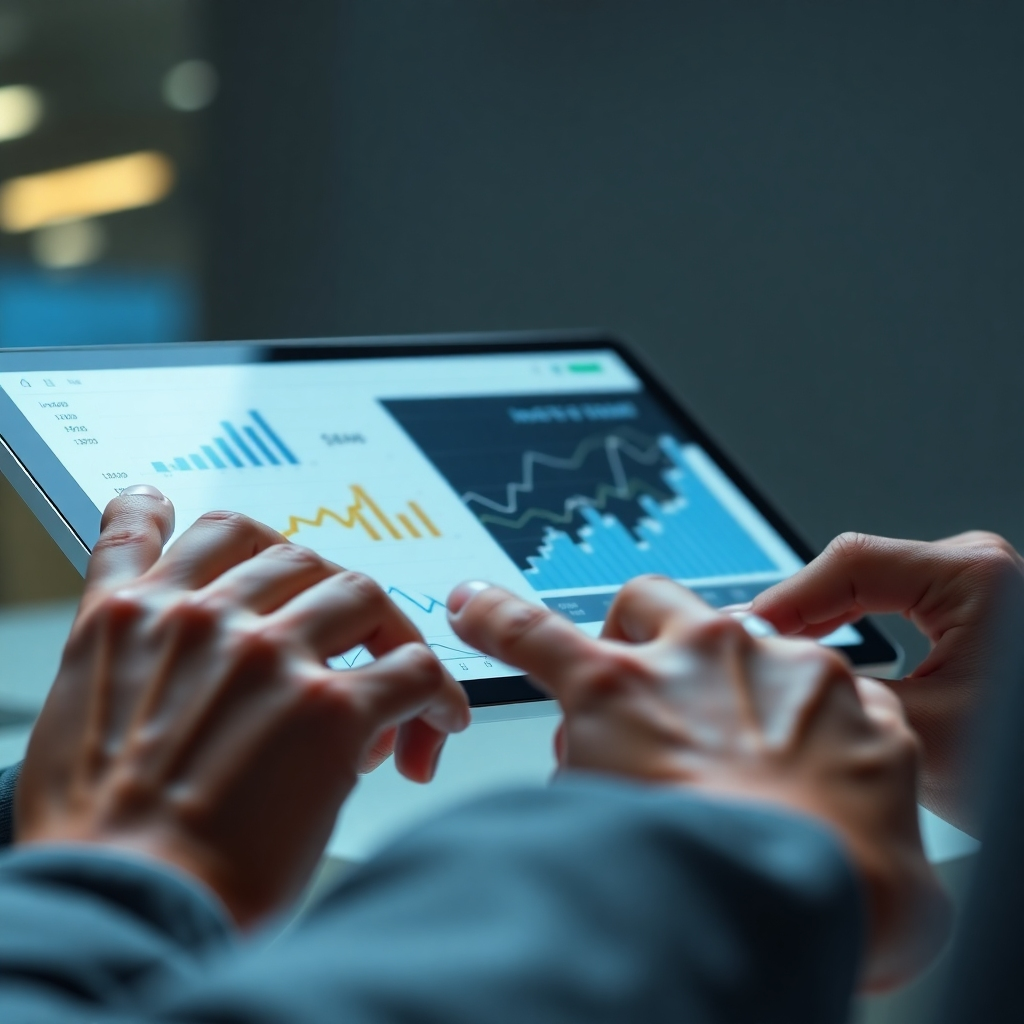 A close-up view of hands working with digital financial tools on a tablet, showcasing charts and analytics that reflect income growth. The lighting is focused and bright, drawing attention to the screen. A modern, sleek color palette of gray and blue conveys a sense of professionalism. The camera angle is slightly tilted, providing an engaging perspective on the tools. Technical specs: 4K resolution.