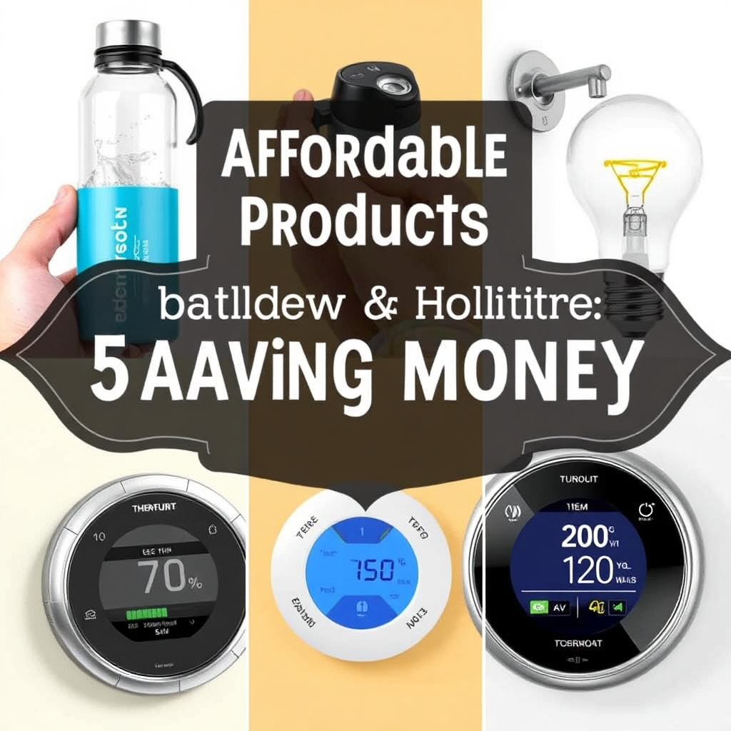 A collage showcasing five affordable products that can help with saving money, such as a reusable water bottle, energy-efficient light bulbs, and a programmable thermostat. The collage should be visually appealing and highlight the cost-saving benefits of each product.