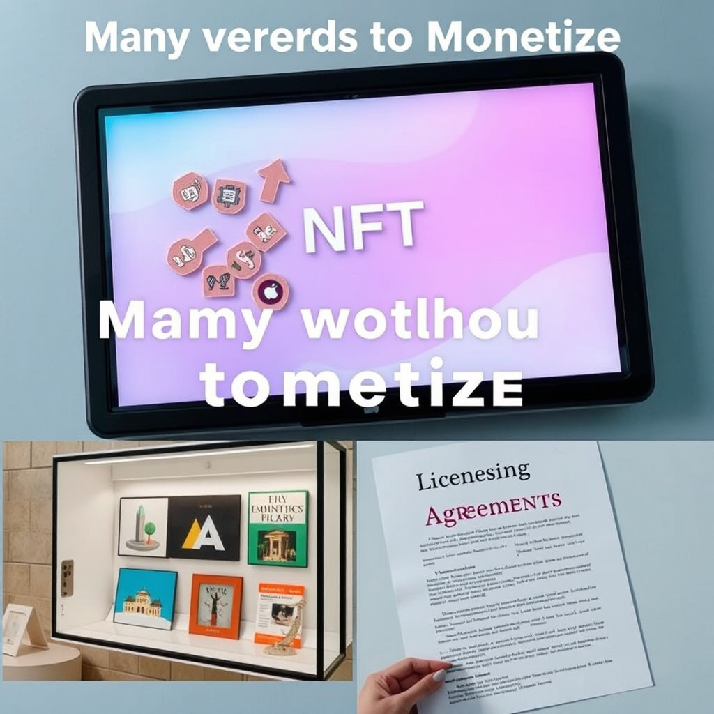 A collage showing many methods to monetize. Includes NFTs on a digital screen, a digital art gallery showcase, and a document with 'Licensing Agreements' written on it. Camera angle is top-down shot. Colors are pastel. 4K resolution, high quality.