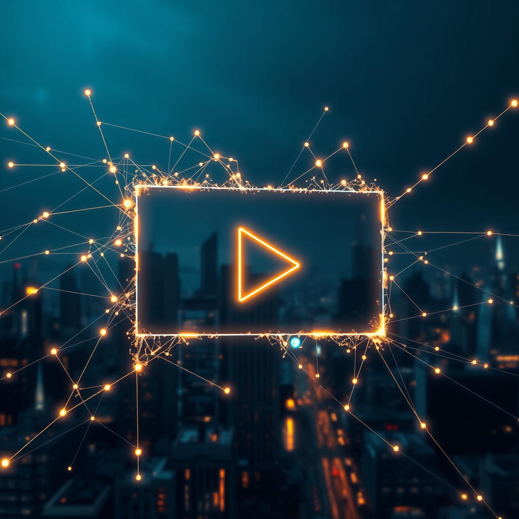 A complex network of data points interconnected with glowing lines, forming the shape of a stylized video player. The background is a dark, futuristic cityscape. Technical specs: 4K resolution, high quality, bloom effect.