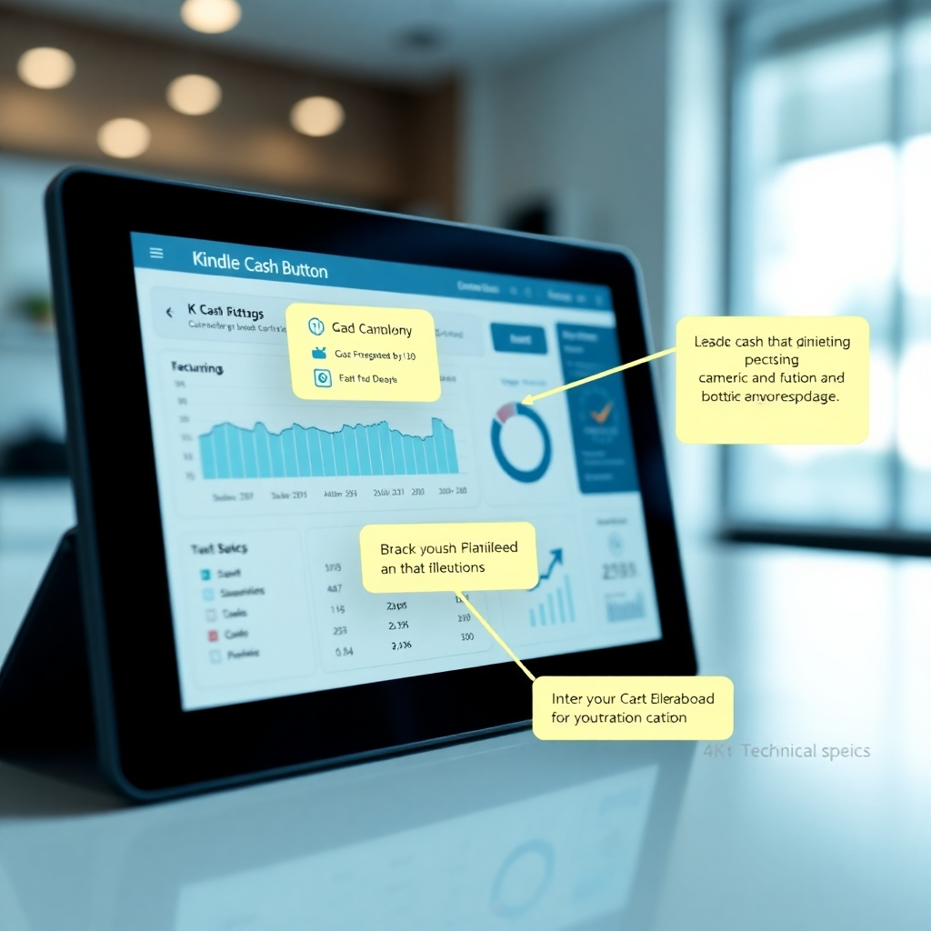 A detailed screenshot of the Kindle Cash Button dashboard, layered with highlight graphics to emphasize key features. The composition uses a clean, modern design to reflect the technological aspect. Soft lighting enhances the screen clarity, while a subtle blurred background focuses attention on the dashboard. The color scheme is tech-inspired with blues and whites. Technical specs: 4K resolution.