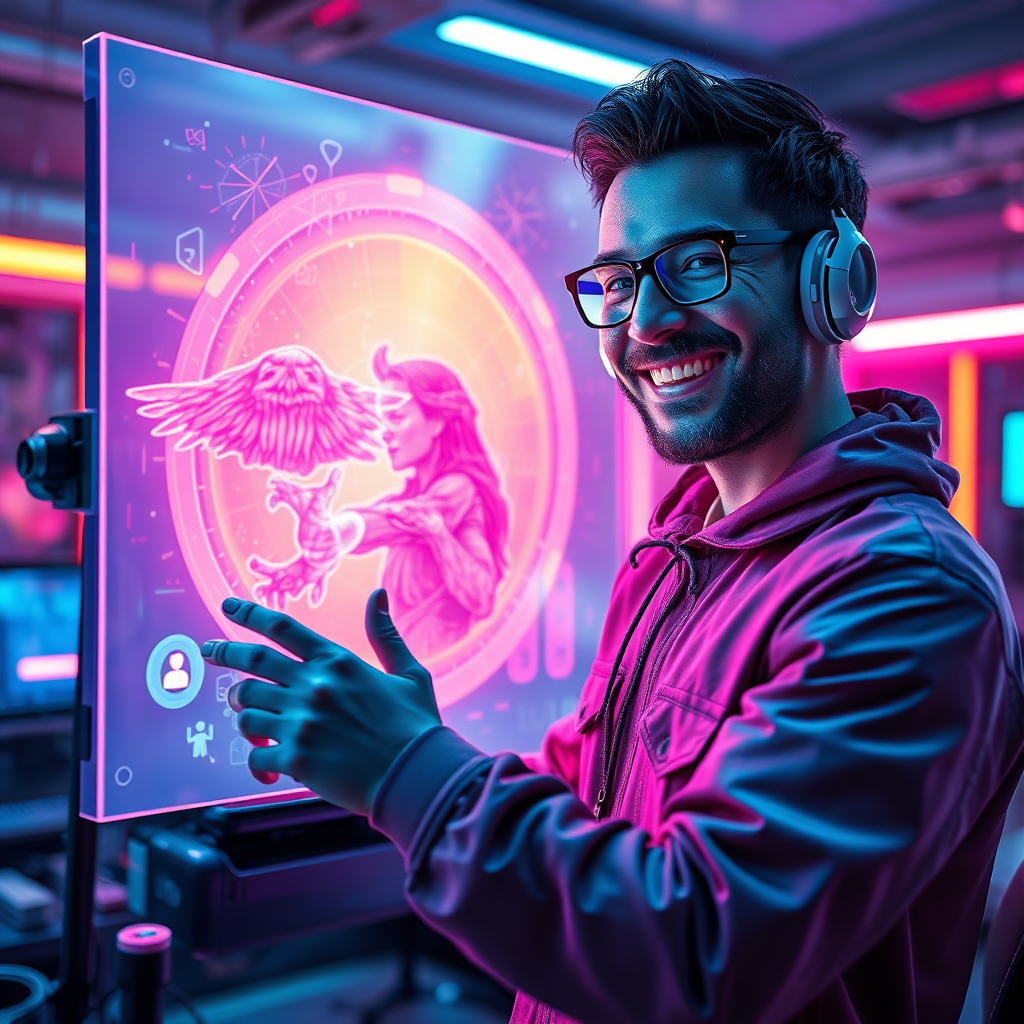 A digital artist working on a holographic canvas, using AI tools to generate stunning artwork. The scene is set in a futuristic studio with advanced technology and a vibrant atmosphere. The artist is smiling, radiating confidence and creativity. Style: Cyberpunk, futuristic. Lighting: Soft, diffused lighting with vibrant accents. Colors: A bold and energetic palette of blues, pinks, and purples. Textures: Smooth, polished surfaces with intricate holographic details. 4K, photorealistic.