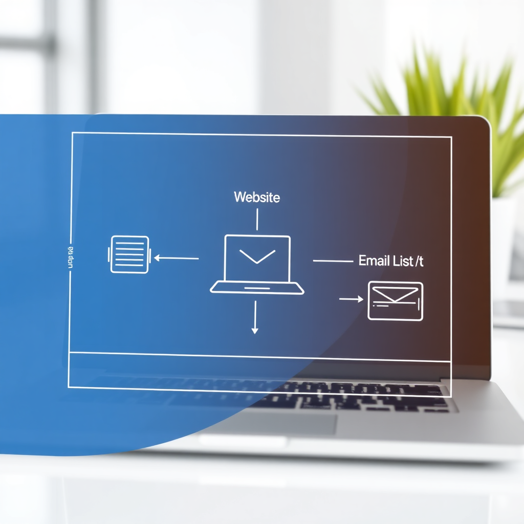 A digital blueprint overlaid on a laptop screen. The blueprint shows the interconnected components of a successful online business: a website, email list, and sales funnel. The background is a clean, modern workspace. Style: Technical and informative. Technical Specs: 4K resolution, clear lines and labels.