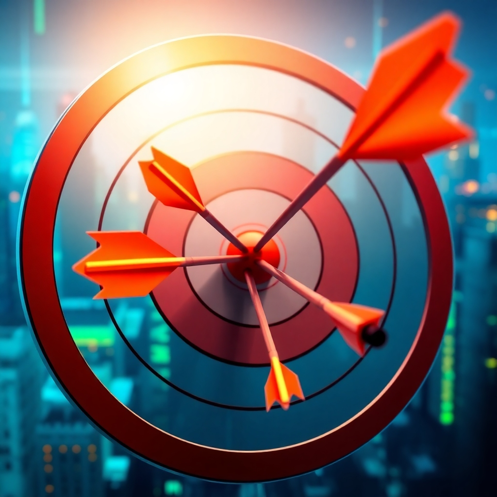 A digital illustration of a target with a bullseye. Multiple arrows are hitting the bullseye, each arrow representing a different successful marketing campaign. The background should be a stylized cityscape with glowing data streams. Use a color palette of vibrant blues, greens, and oranges to represent data and precision. The lighting should be focused on the target, highlighting the accuracy of the targeting techniques. Camera angle: eye-level view, emphasizing the bullseye. Technical specs: 4K resolution, high-quality rendering.