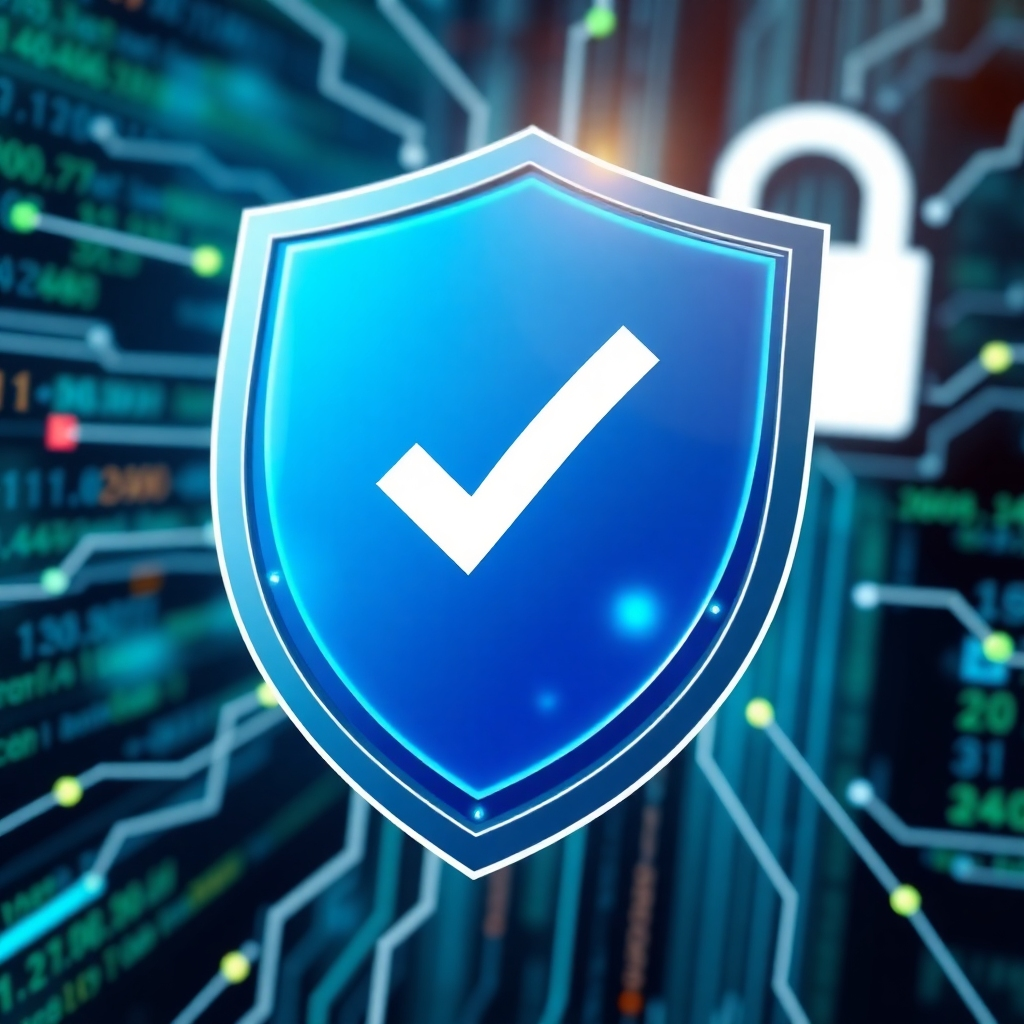 A digital shield with a checkmark, symbolizing compliance and security. The shield is surrounded by data streams, representing monitoring and protection. Use a color palette of blue, white, and green to represent trust and reliability. The lighting should be bright and focused on the shield. Camera angle: close-up view, emphasizing the details of the shield and the checkmark. A lock symbol can be subtly placed in the background to show that the data is secure.
