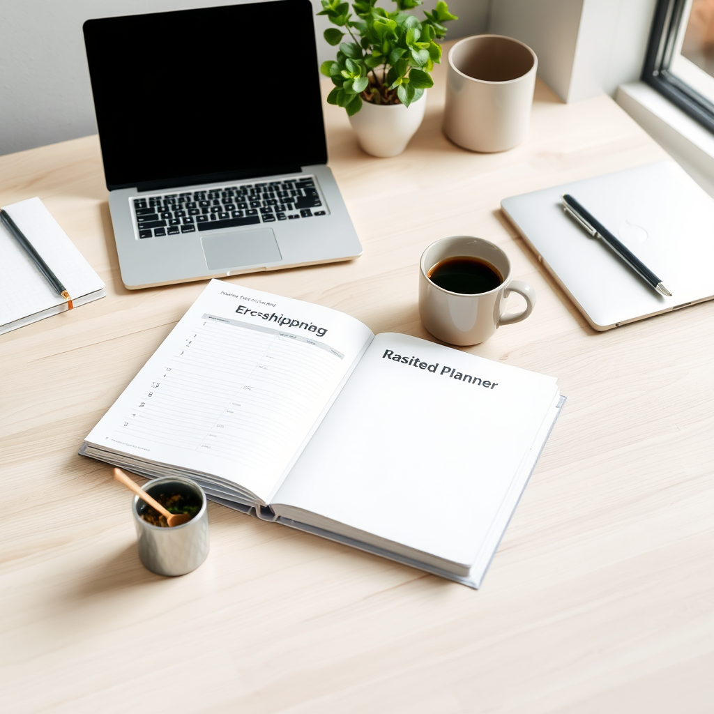 Planner used in a modern, minimalistic workspace with a plant and coffee.