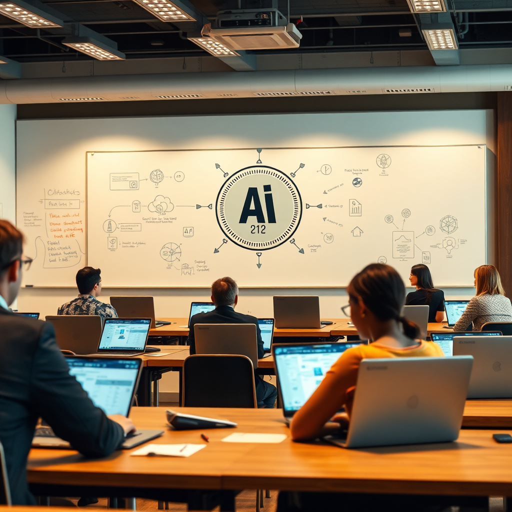 A dynamic classroom setting with people engaged in learning about AI on their laptops. Include interactive elements like whiteboards with AI diagrams. Lighting should be warm and inviting. 4K resolution.