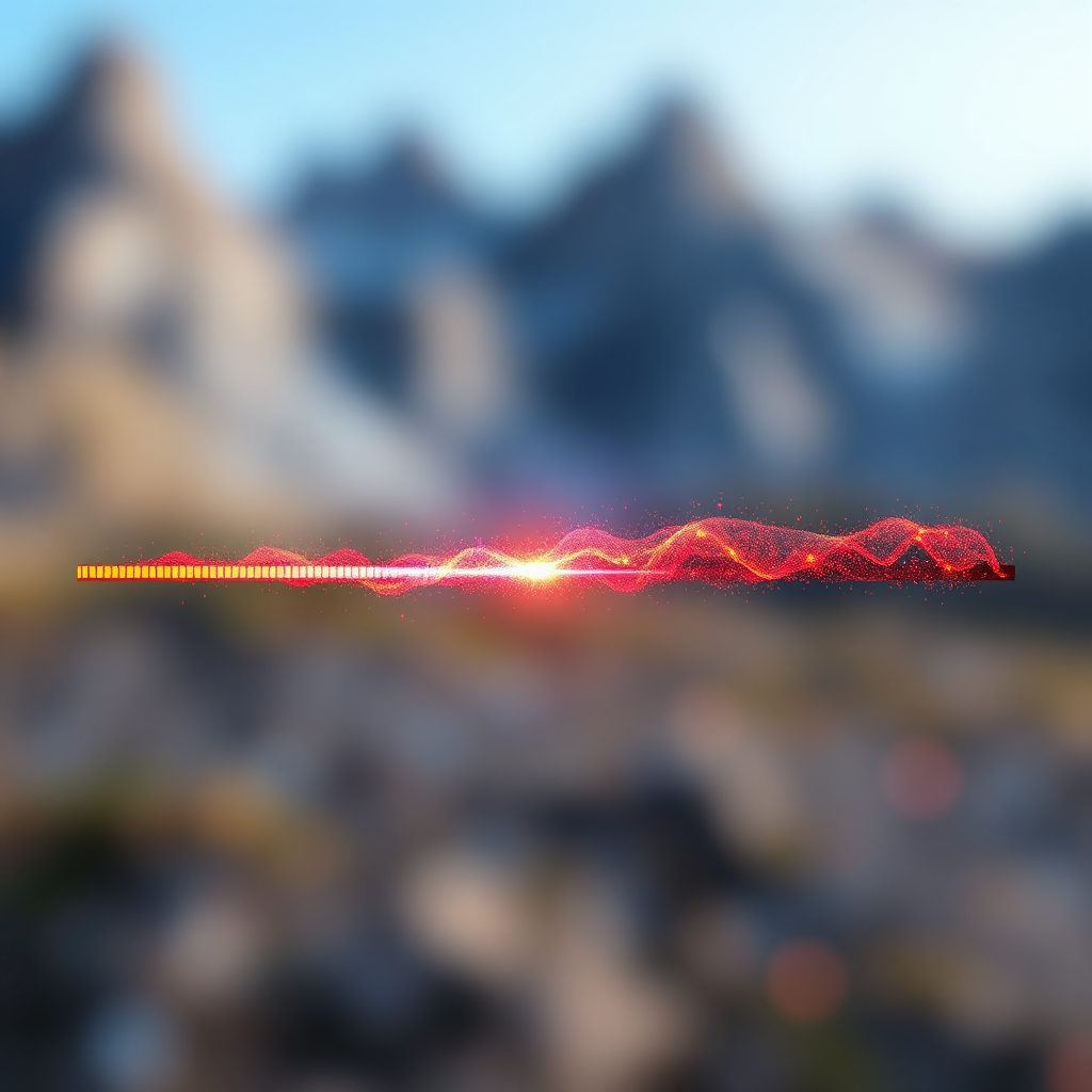 A dynamic visualization of a video progress bar extending infinitely, filled with vibrant, pulsating energy. The background is a blurred, abstract representation of a digital landscape. Technical specs: 4K resolution, high quality, volumetric lighting.