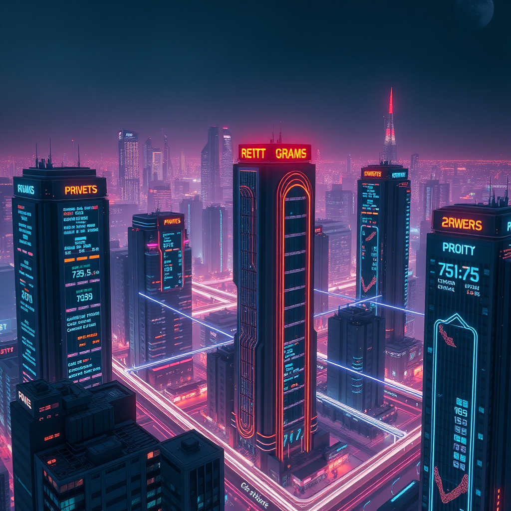 A futuristic cityscape at night, with buildings representing automated income streams. Each building has a digital display showing real-time profits. A network of interconnected lines of light flows between the buildings, symbolizing the seamless automation. Use a dark color palette with neon accents to create a futuristic and dynamic atmosphere. Style: Cyberpunk with a focus on financial success.