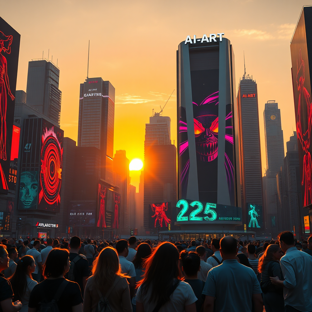 A futuristic cityscape dominated by towering digital displays showcasing vibrant and dynamic AI-generated art. The scene is bathed in the warm glow of sunset, casting long shadows and highlighting the intricate details of the digital art. In the foreground, a diverse group of people are gathered, gazing up in awe at the displays, their faces lit by the colorful light. A sleek, modern building with the words 'AI Art Profit Protocol 2025' emblazoned across the top dominates the midground. Use a wide-angle lens to capture the grandeur of the scene. Style: Hyperrealistic, cyberpunk. Lighting: Golden hour sunset. Colors: A rich palette of oranges, purples, blues, and greens. Textures: Smooth, polished surfaces of the digital displays contrasted with the rough textures of the cityscape. 8K resolution, photorealistic.