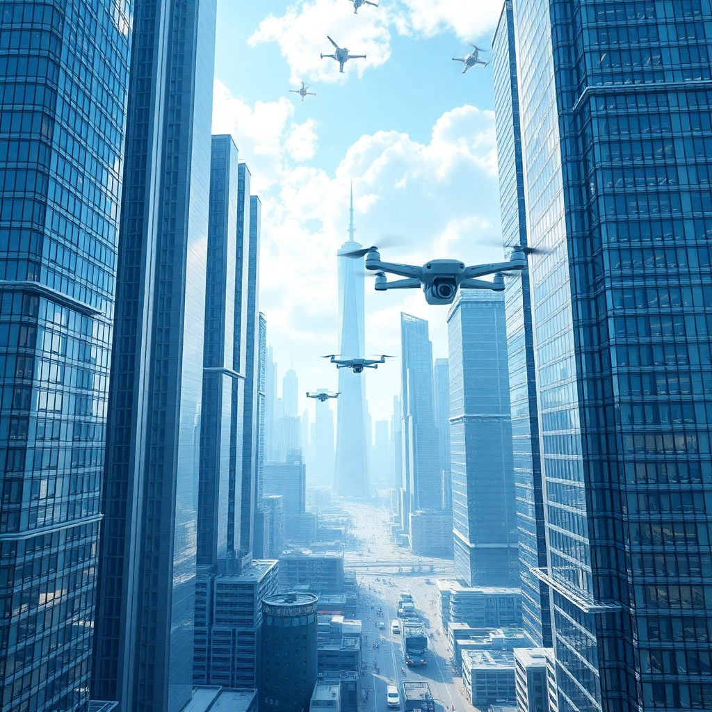 A futuristic cityscape with skyscrapers reaching into the clouds. Flying drones are delivering packages, representing automated processes. The city is bustling with activity, but all operations are running smoothly and efficiently. Use a color palette of silver, blue, and white to represent technology and automation. The lighting should be bright and optimistic, symbolizing the potential for growth. Camera angle: wide-angle view, capturing the scale and complexity of the automated system. Technical specs: 4K resolution, high-quality rendering.