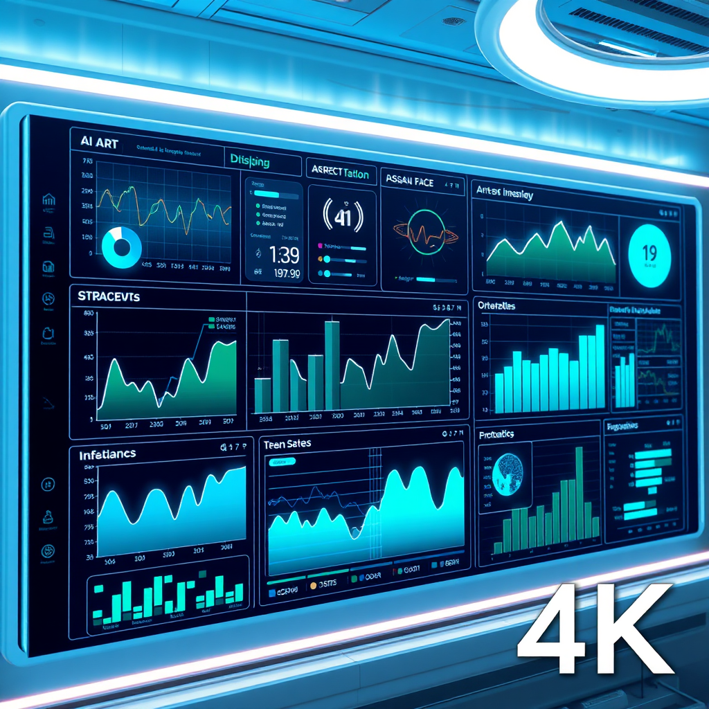 A futuristic dashboard displaying real-time data and analytics on the AI art market. The dashboard is filled with graphs, charts, and other visualizations, providing valuable insights into market trends and consumer preferences. Style: Modern, data-driven. Lighting: Bright, clear lighting with subtle animations. Colors: A professional and trustworthy palette of blues, greens, and grays. 4K, stylized.