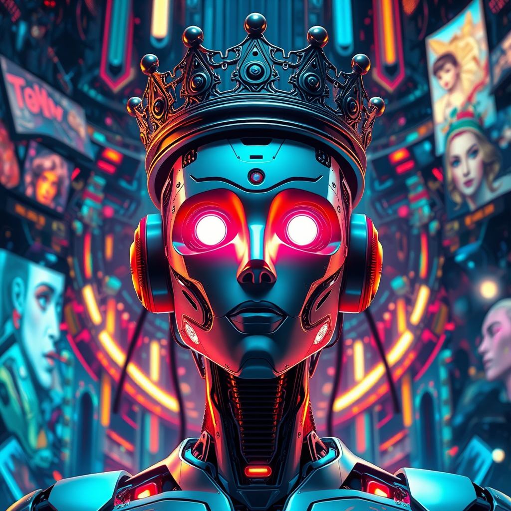 A futuristic image of a crowned AI robot, surrounded by digital artwork. The robot symbolizes the ultimate artist. Camera angle is powerful and confident. Colors are bright and cool. 4K resolution, high quality.