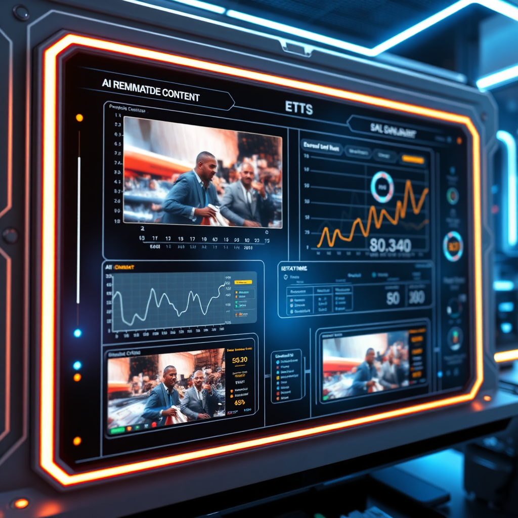 A futuristic interface displaying AI algorithms generating video content in real-time. The interface should have graphs, charts and preview windows of the created videos. A feeling of automation and efficiency.