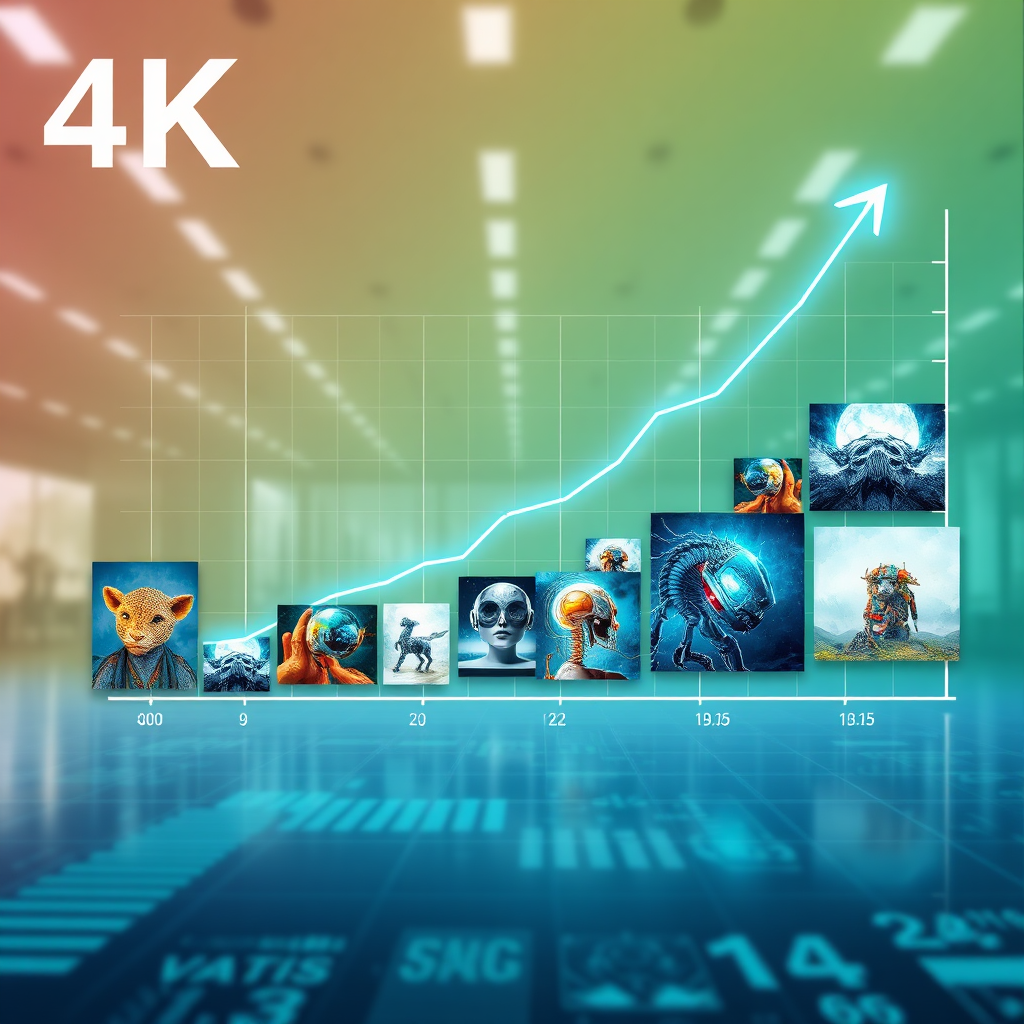 A graph depicting the exponential growth of the AI art market, overlaid with images of successful AI-generated artworks. The scene is dynamic and visually compelling, highlighting the immense profit potential of the industry. Style: Modern, data-driven. Lighting: Bright, clear lighting with subtle animations. Colors: A professional and trustworthy palette of blues, greens, and grays with pops of vibrant color to emphasize growth. 4K, stylized.
