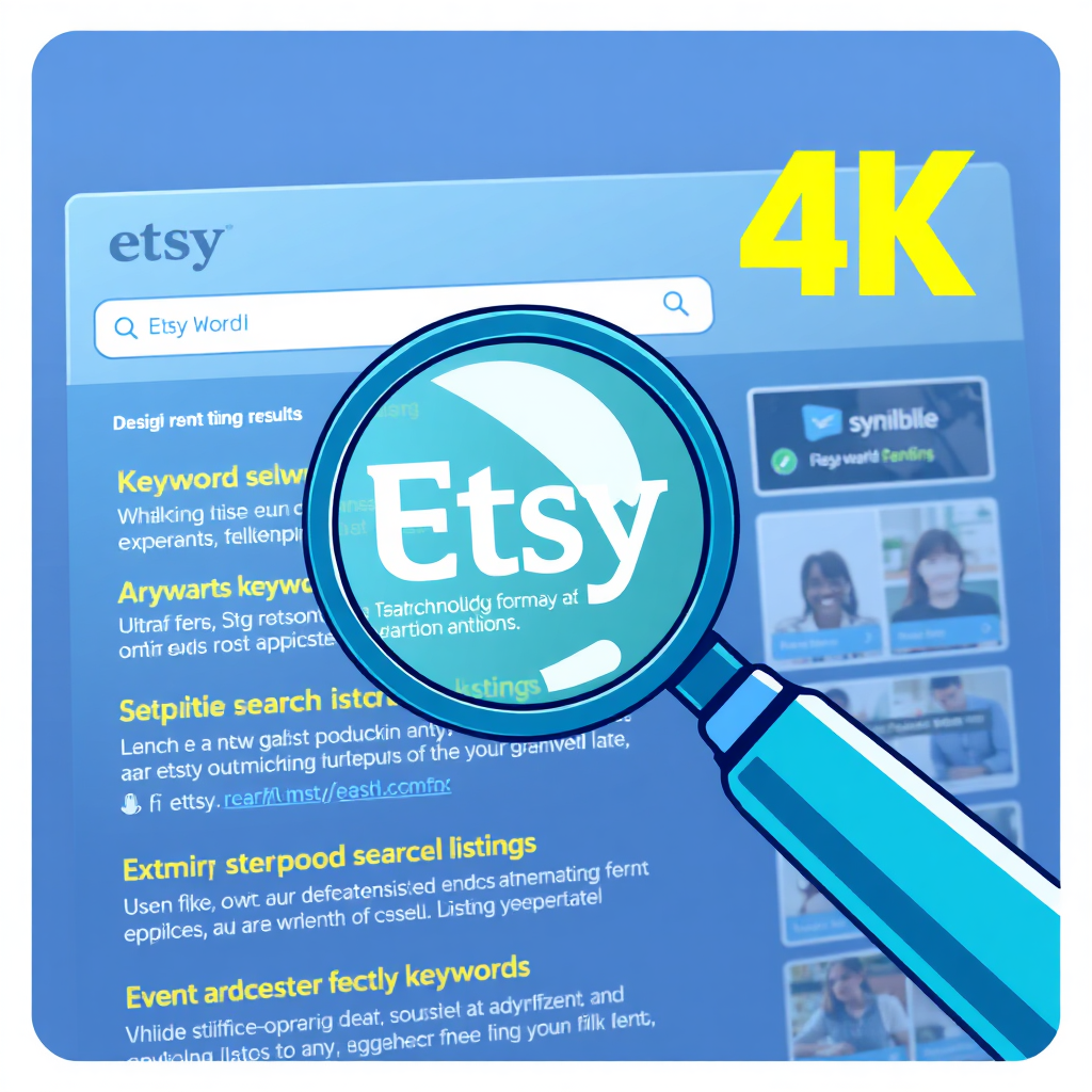 A graphic illustration depicting a magnifying glass hovering over an Etsy search results page. The focus should be on highlighting the importance of keywords and optimized listings. The color scheme should be professional and trustworthy, using shades of blue and green. The lighting should be clear and focused. 4K resolution.