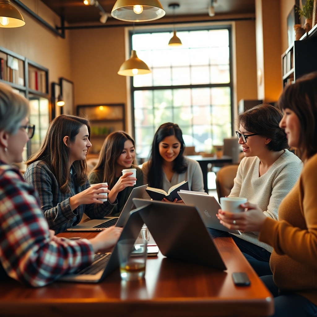  A group of authors engaged in a lively discussion in a well-lit café, with their laptops open and coffees in hand. The environment is vibrant and full of life, reflecting collaboration and community. Warm tones combined with natural light create a welcoming atmosphere. The camera angle captures their interaction and the cozy setting. Technical specs: 4K resolution.
