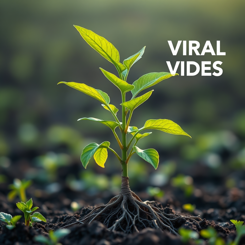 A growing plant with roots representing long-term engagement and leaves symbolizing viral videos. The plant is thriving in a fertile landscape.
