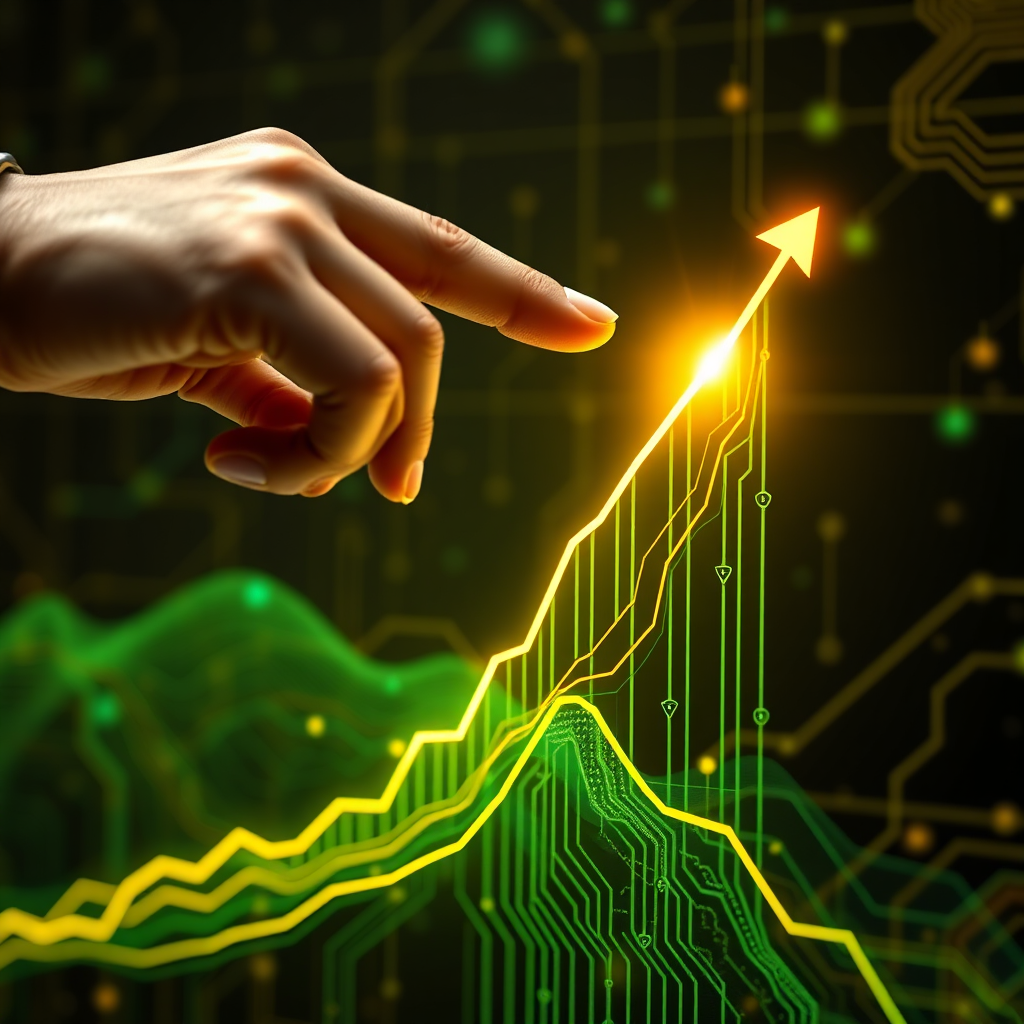 A hand pointing to a rapidly ascending graph representing SaaS growth, overlaid with AI circuitry patterns. The lighting is focused and optimistic, symbolizing growth. Colors: Gold and green. Focus: success-driven. Technical Specs: 4k, photorealistic.