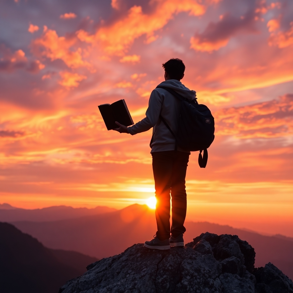  A hopeful scene of a person standing atop a mountain with an open book in hand, gazing at a sunset. The composition uses natural lighting to create a dramatic effect, with oranges and purples painting the sky. The focus is on the individual and the book, symbolizing achievement and aspiration. The camera angle is from below, emphasizing the person and the vast landscape behind them. Technical specs: 4K resolution, high quality.