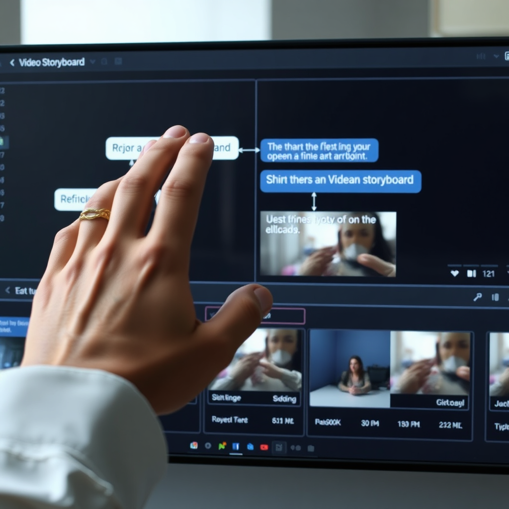 A human hand interacting with an AI interface to edit and refine a video storyboard. The interface shows text prompts and visual outputs, highlighting the iterative process.