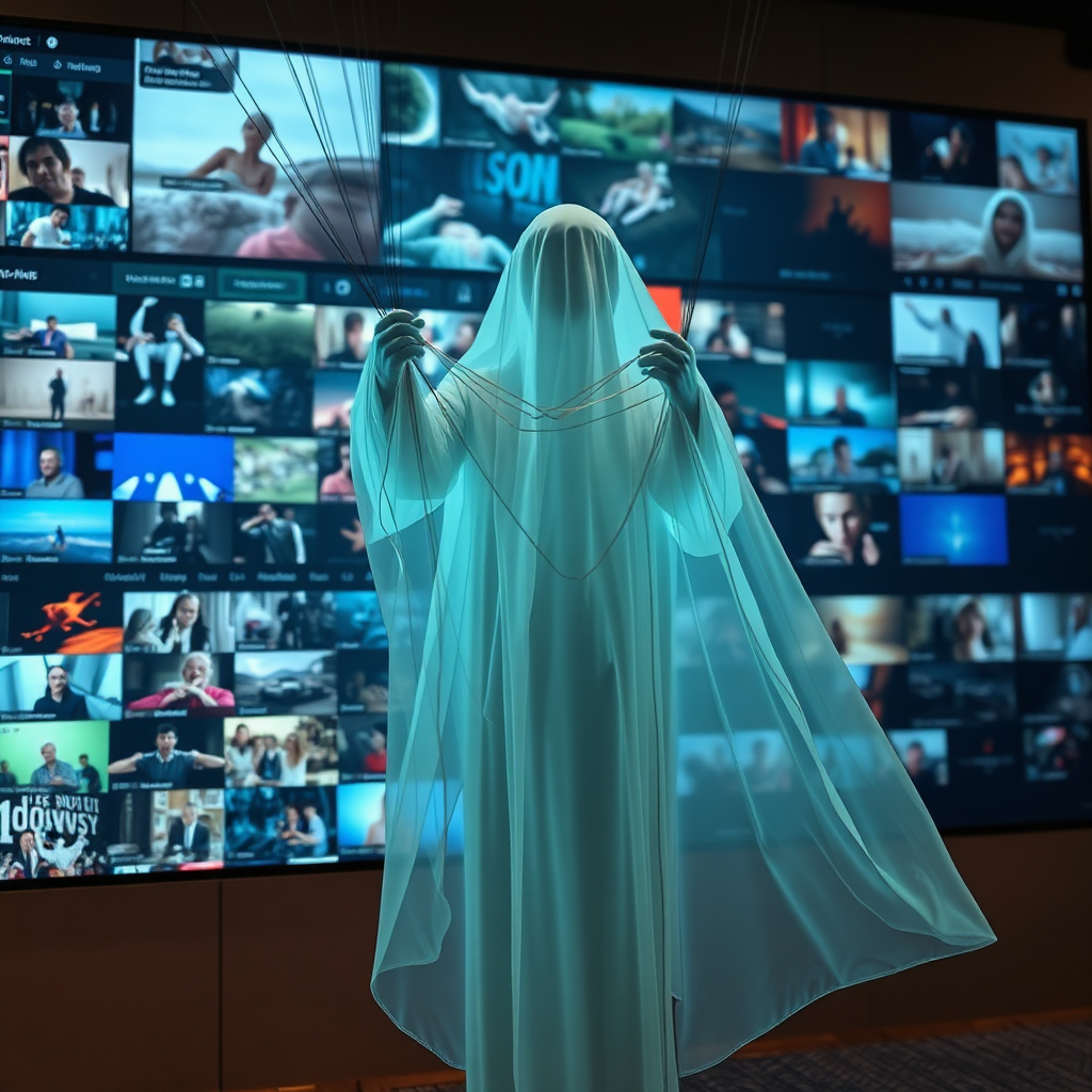 A hyperrealistic, 8K resolution image depicting a semi-transparent figure (the 'Ghost') subtly manipulating the strings of a complex video editing interface. The background features a montage of diverse video content fragments – snippets of viral videos, educational tutorials, cinematic scenes, and product demos. The lighting is soft and diffused, creating an ethereal, almost magical atmosphere. The color palette leans towards cool blues and greens, accented by the warm glow of the video displays. Camera angle is a slightly low angle, emphasizing the power and control of the 'Ghost' figure. Texture details are crucial – the intricate details of the video editing software, the subtle translucence of the figure, and the vibrant colors of the video montage. The overall style should evoke a sense of mystery, sophistication, and effortless mastery. This image symbolizes the invisible yet powerful techniques taught by 'GhostVid Secrets'. The environment is a modern, minimalist studio space.