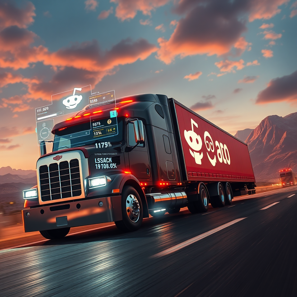 A hyperrealistic 8K resolution image depicting a modern semi-truck driving through a vibrant digital landscape representing Reddit. The truck's trailer has holographic projections showing upvotes, comments, and conversion metrics. The environment should seamlessly blend the physical world (trucking) with the digital world (Reddit). Warm lighting with a slightly futuristic feel. The camera angle is low, emphasizing the truck's power and progress. Include subtle textures like road grit and digital glitches. The overall feeling should be dynamic and authoritative, symbolizing the successful convergence of trucking and Reddit mastery. Style reference: Cyberpunk meets American realism.