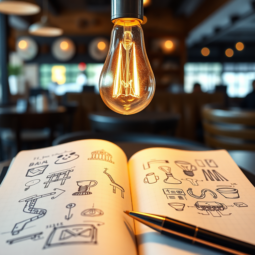 A lightbulb illuminating above a notebook filled with sketches and ideas. The background is a coffee shop setting, implying inspiration and creativity.