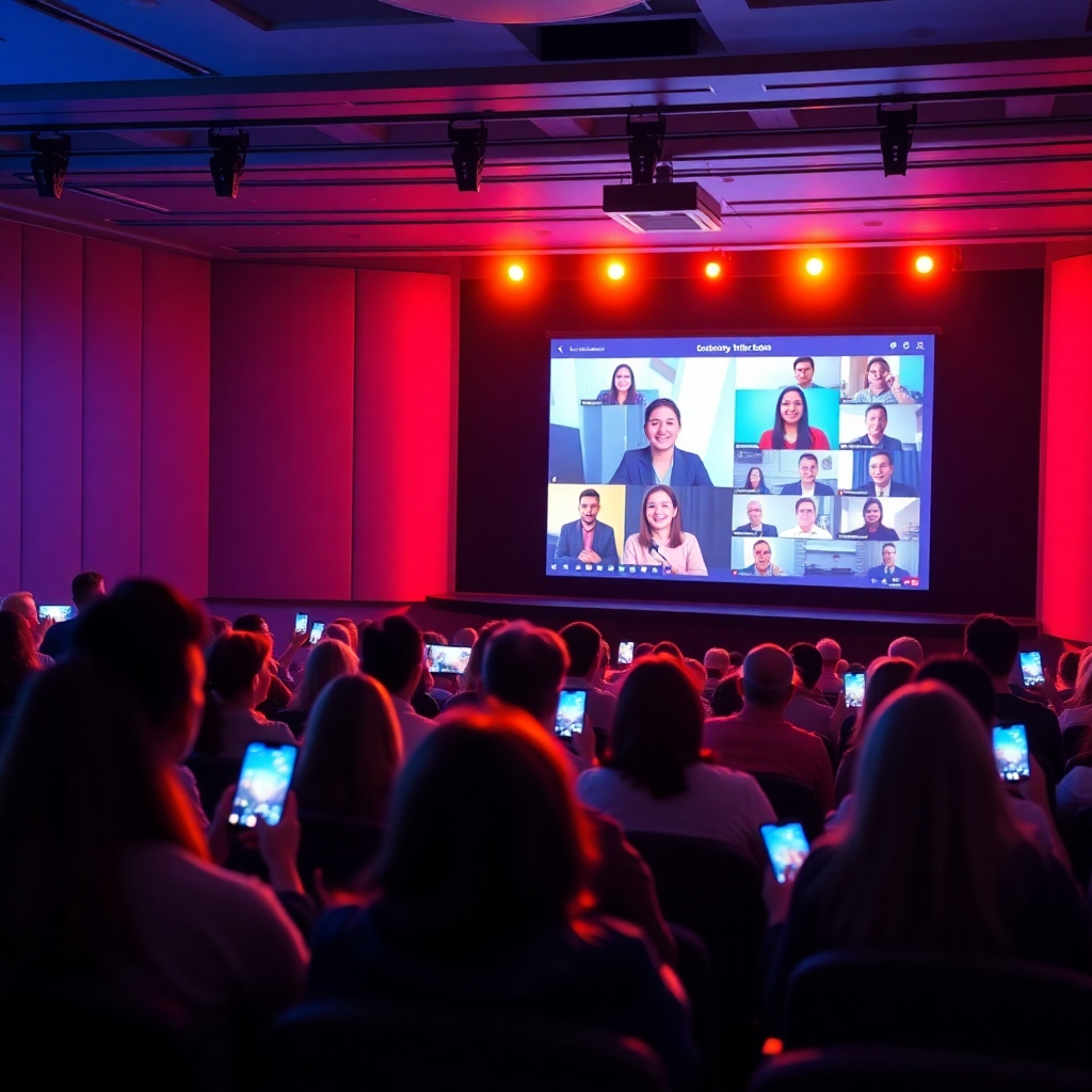 A lively online webinar session displayed on a large screen in an auditorium setting, with participants engaging through devices. Bright, inspiring colors illuminate the room, creating an atmosphere of excitement. The image captures the audience's reactions, focusing on engagement. Technical specs: 4K resolution.