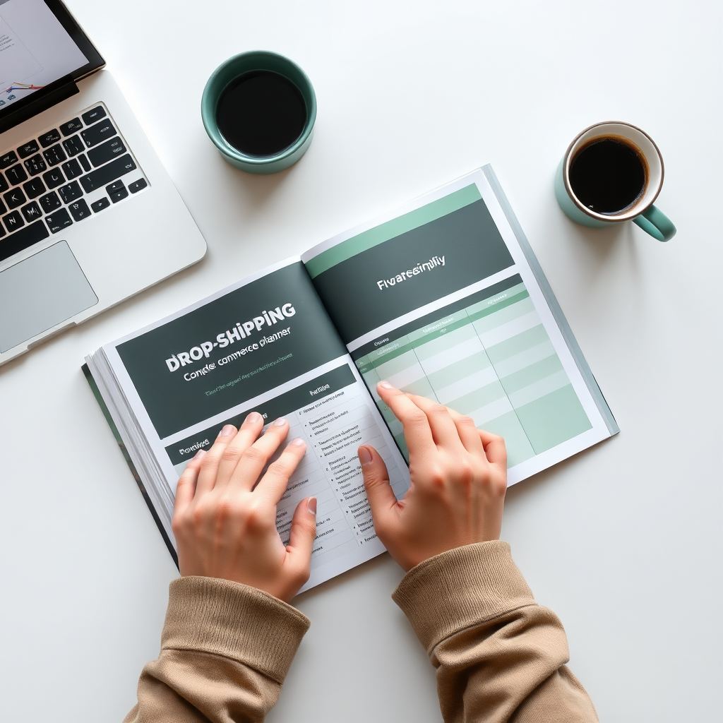 Dropshipping E-commerce Planner open on a desk with a laptop and coffee, showing a user actively planning.