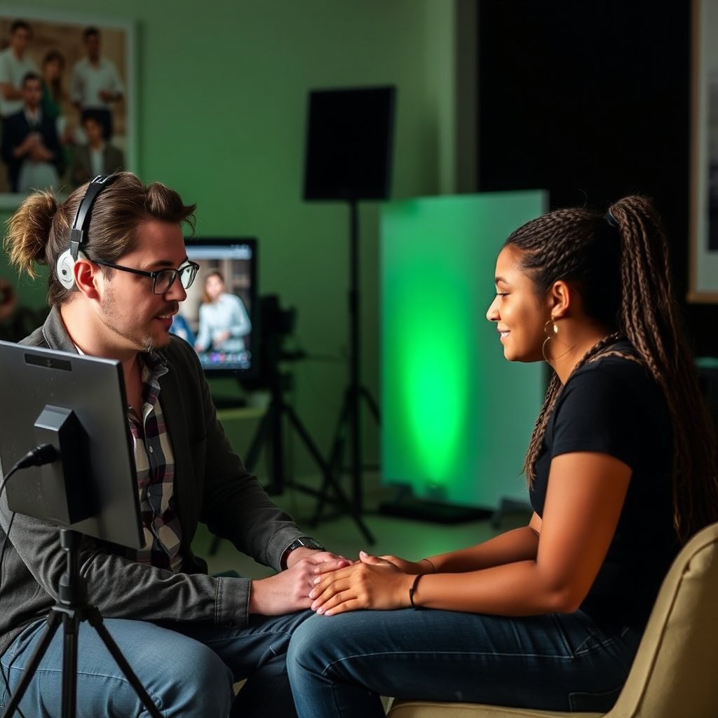 A one-on-one coaching session with a mentor guiding a student through the AI Reel creation process. The scene shows a supportive and collaborative environment.