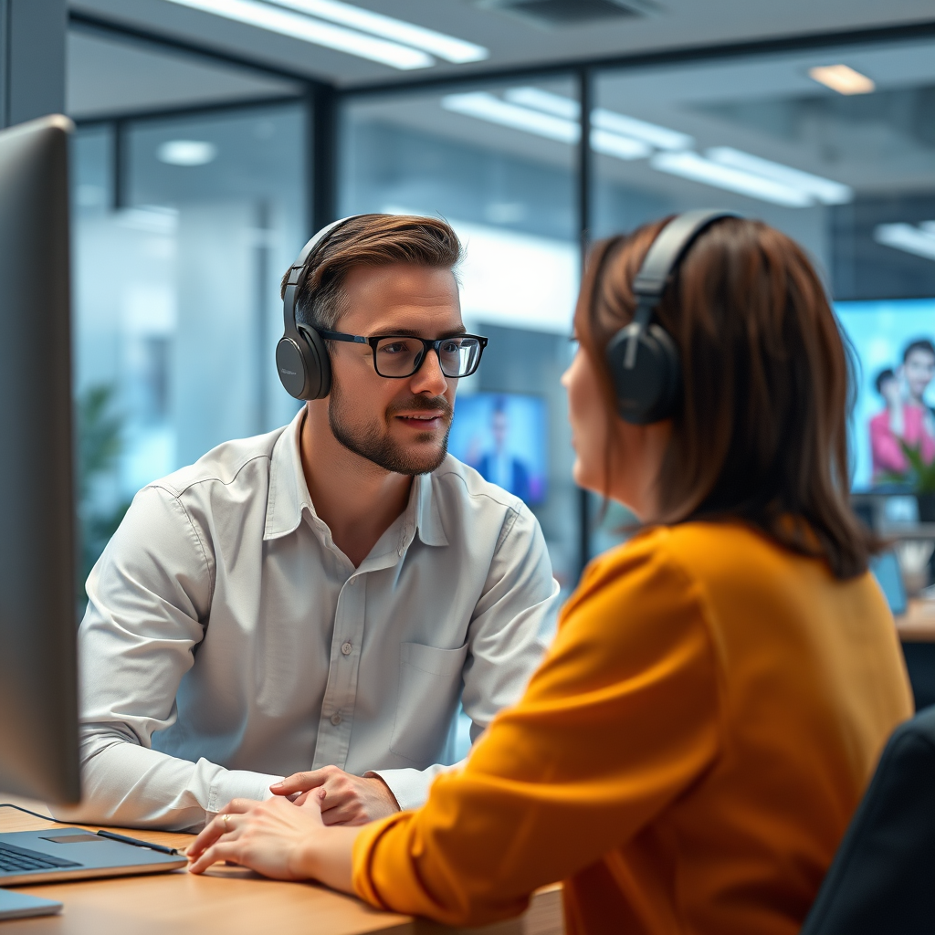 A one-on-one coaching session in a digital world. A photorealistic mentor gives personalized AI art coaching. The scene is a modern, high-tech office. Camera angle is eye-level. Color palette is vibrant and inviting. 4K resolution, high quality.