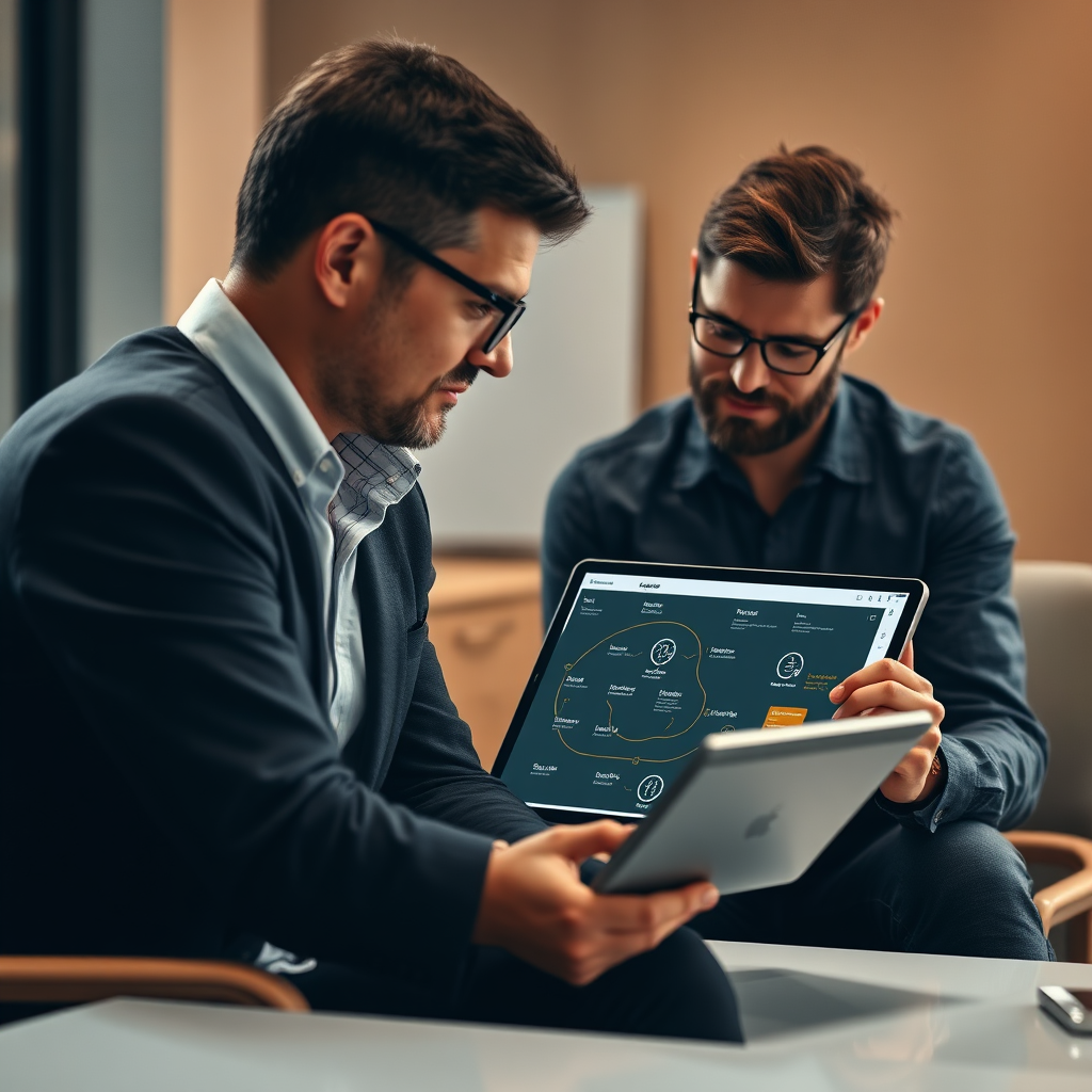 A one-on-one coaching session depicted with a mentor guiding a student through a digital roadmap on a tablet. The roadmap illustrates the Etscape system. The scene emphasizes collaboration and guidance. Style: Mentorship, professional. Technical Specs: 4K resolution, warm lighting.