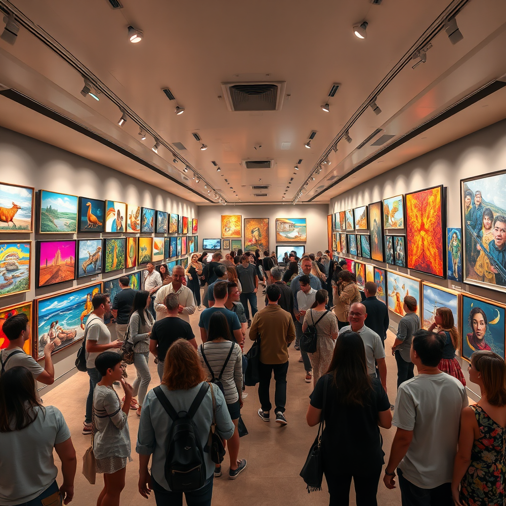 A panoramic view of a digital art gallery, filled with diverse and captivating AI-generated artworks. The gallery is bustling with visitors, all admiring the art and engaging in conversation. The scene is vibrant and inviting, showcasing the success and reach of the AI art business. Style: Modern, artistic. Lighting: Warm, inviting lighting with a focus on the artwork. Colors: A diverse and harmonious palette of colors, reflecting the variety of art on display. 4K, photorealistic.